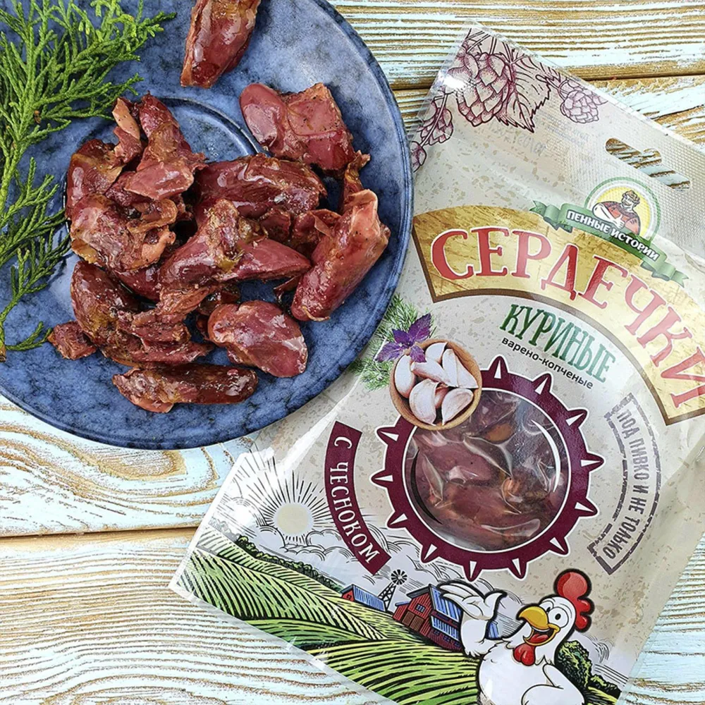 Сердечки куриные с чесноком в/к "Пенные истории" шт/70гр
